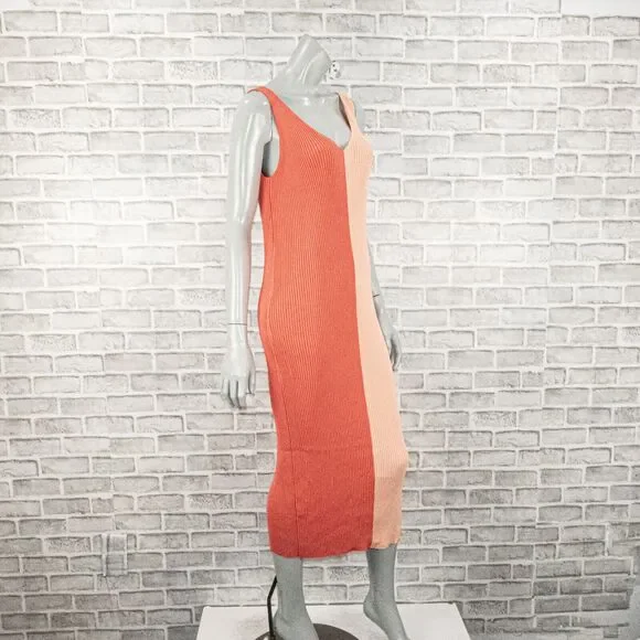 STAUD Dana Ribbed ColorBlock Mide Dress in Orange Peach Size Large - Picture 4 of 10